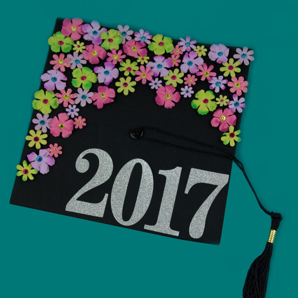 A floral graduation cap with a 2017 number on it