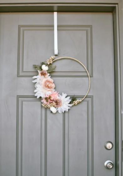 Pink and Cream DIY Modern Fall Wreath made from faux floral flowers from Dollar store