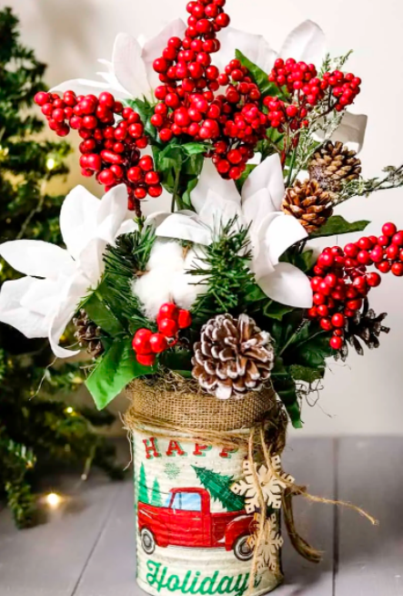 RUSTIC FARMHOUSE FLORAL CAN CRAFT FOR CHRISTMAS