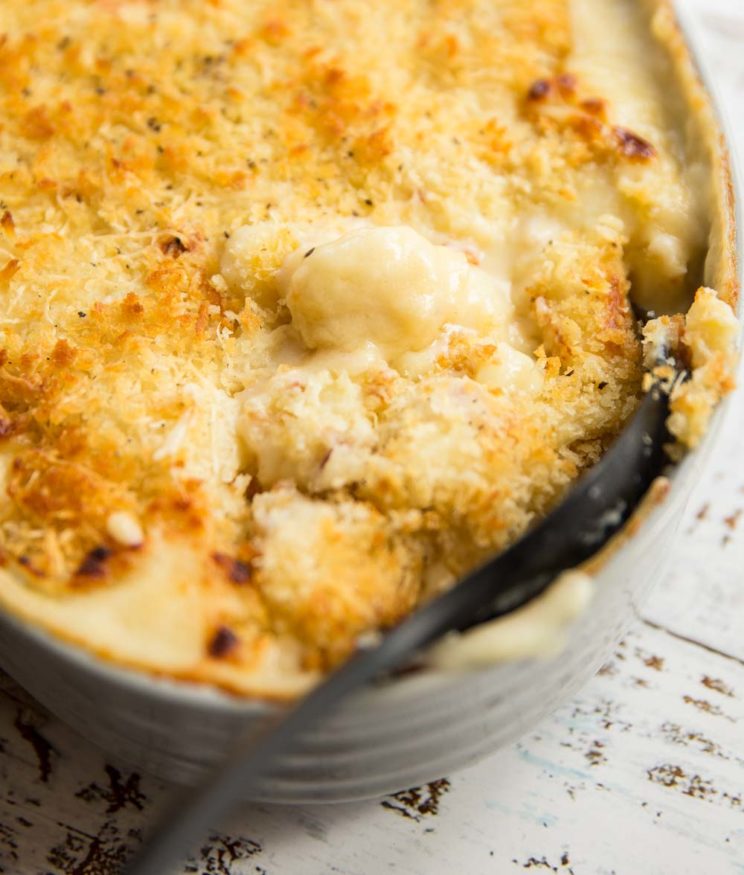 Gnocchi Mac and Cheese topped with parmesan and breadcrumbs