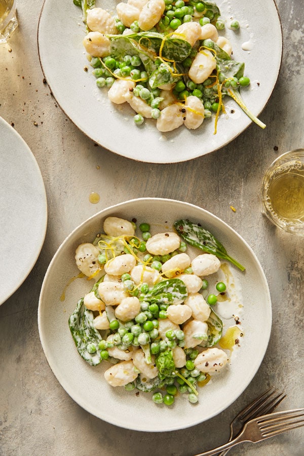 Lemon Gnocchi with Peas and Spinach topped with grated Parmigiano-Reggiano