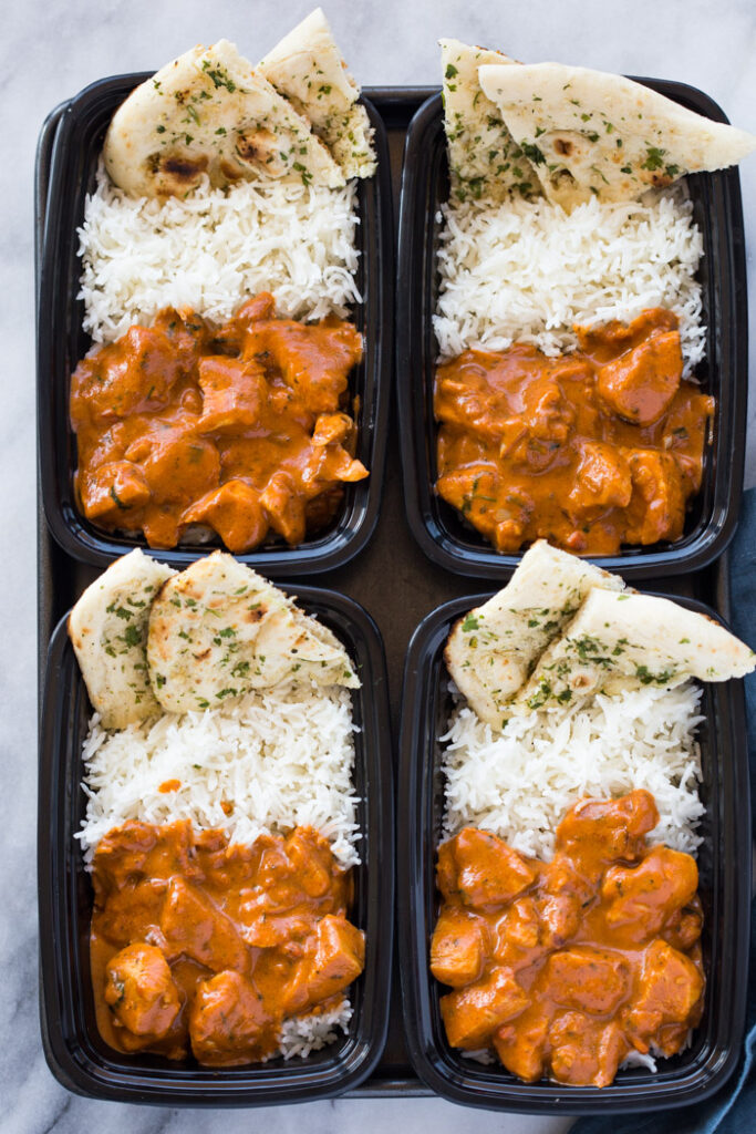 Meal-Prep Butter Chicken with Rice and Garlic Naan