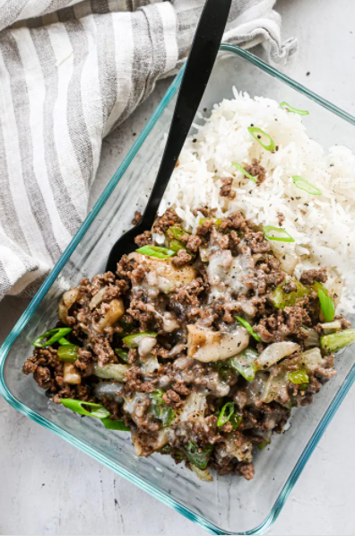 Ground beef Philly cheesesteak meal prep
