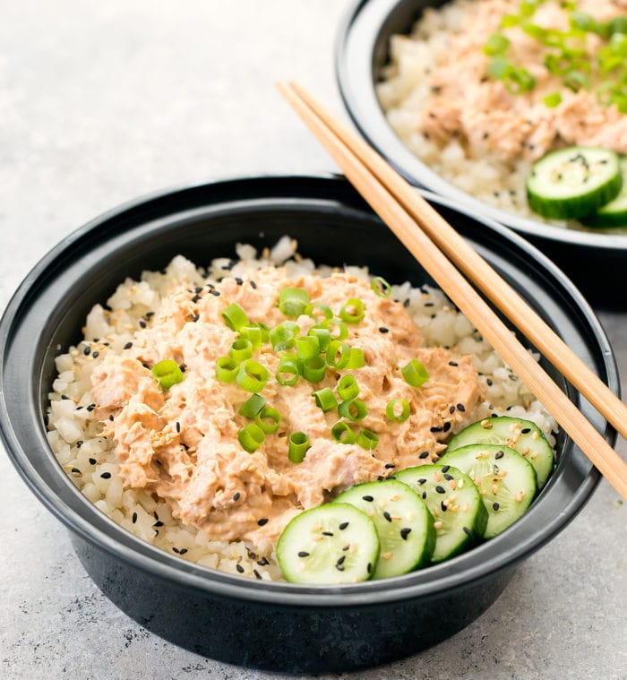 Spicy tuna bowls with cauliflower rice meal prep