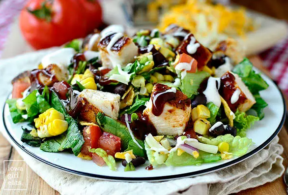  BBQ Chicken Chopped Salad drizzle with ranch dressing and bbq sauce