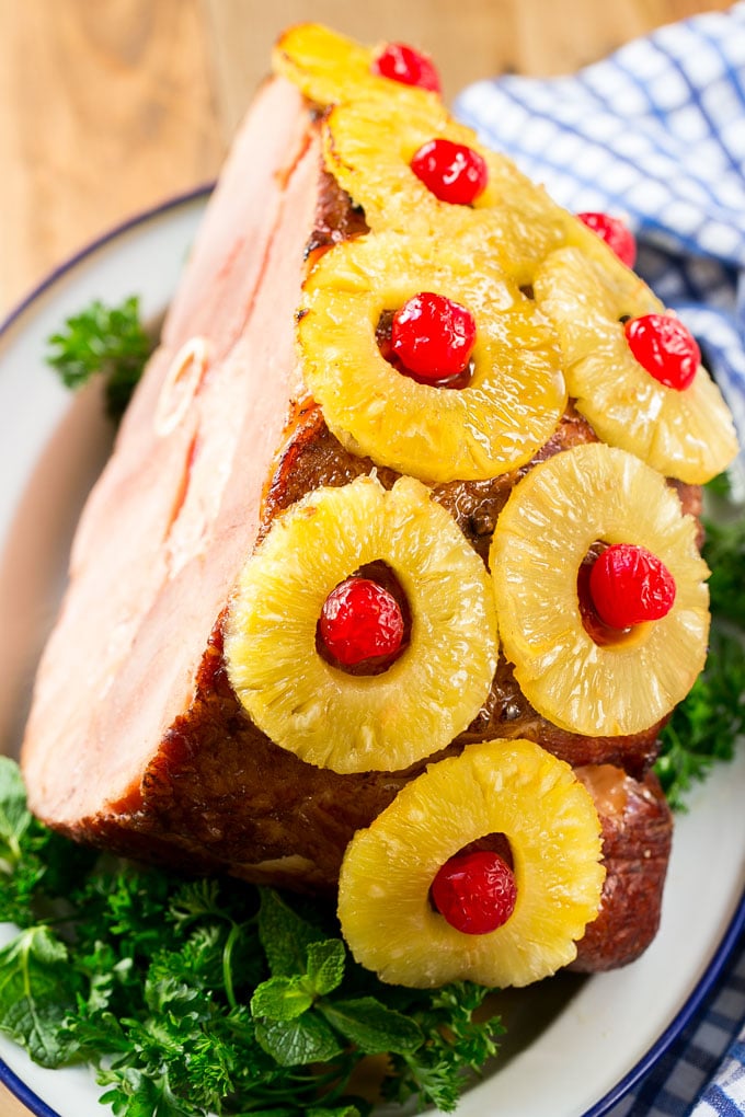 pretty and festive ham with pineapple and cherries