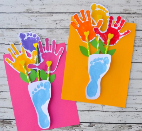 Footprint And Handprint Bouquet Of Flowers With Vase Adorable Craft For Mother’s Day