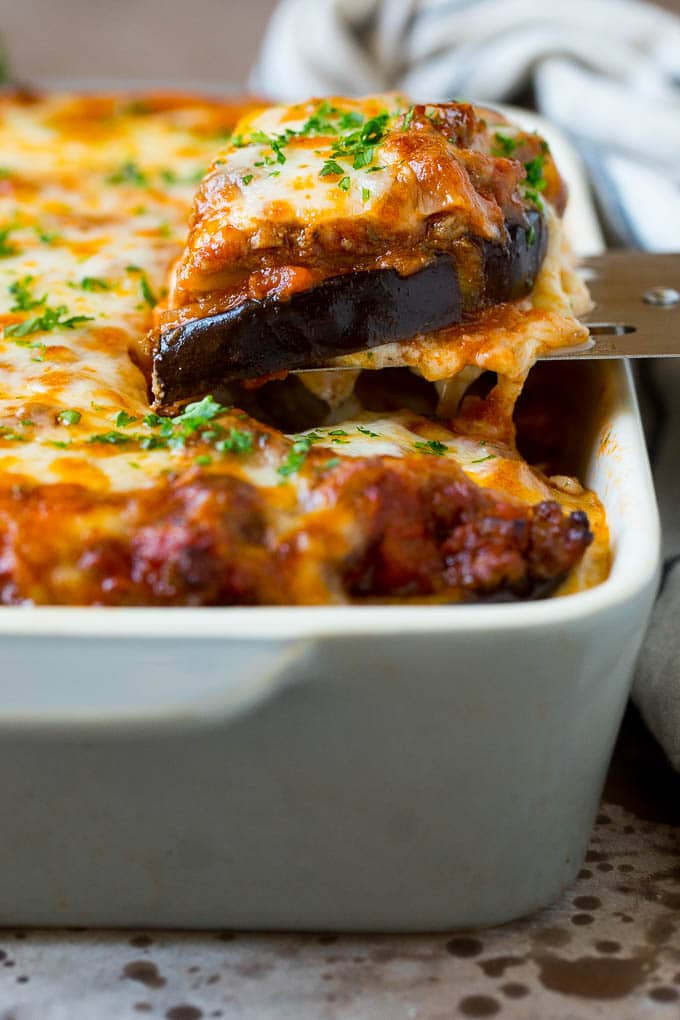 Eggplant lasagna has layers of roasted eggplant with meat sauce and three types of cheese