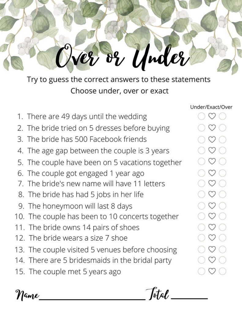 Fun Over or Under Bridal Shower Game