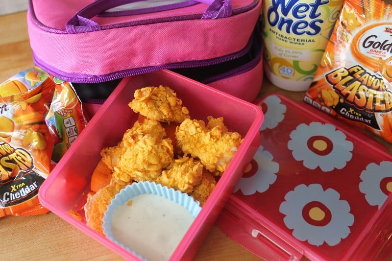 Goldfish Crusted chicken nuggets with a side of ranch easy to make for School Lunch boxes
