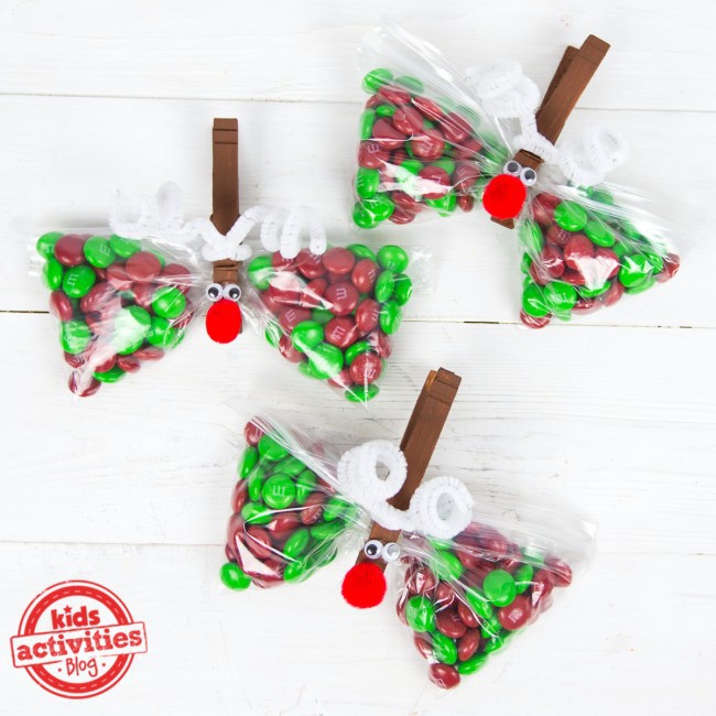 Reindeer Treat Bags with red and green M&Ms