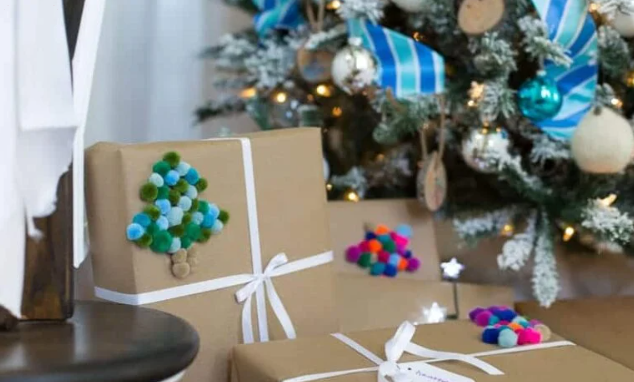 Christmas Gift Wrap with Pom Pom decorations