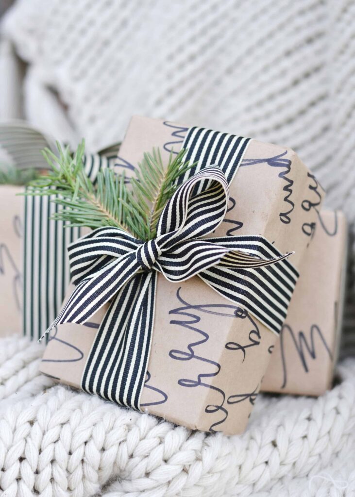 calligraphy gift wrap made with a sharpie and kraft paper
