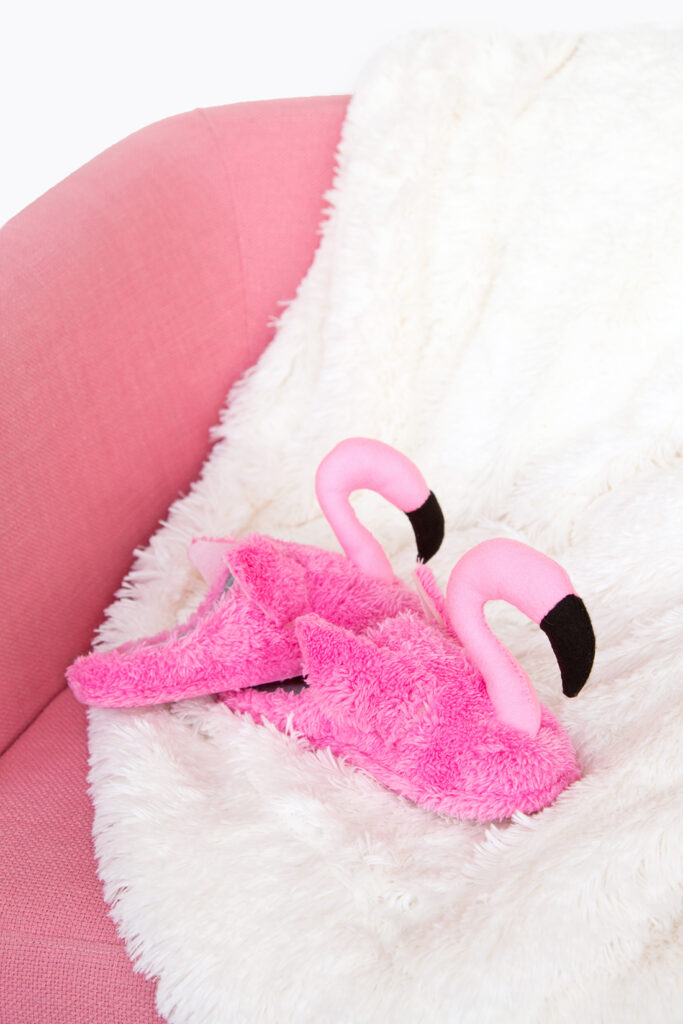 DIY pink fuzzy flamingo slippers