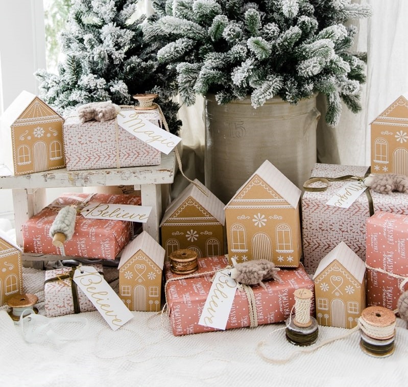 Farmhouse style Gingerbread houses Christmas gift wraps