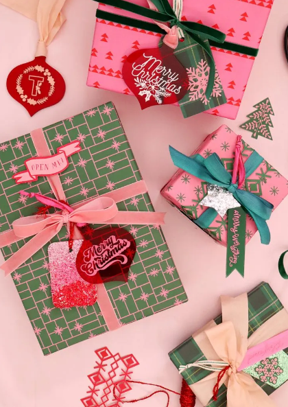 Layered and textured green and pink Christmas wrapping