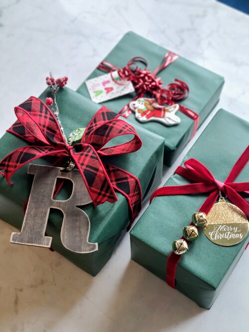 3 different styles of color red and green Christmas gift wrap