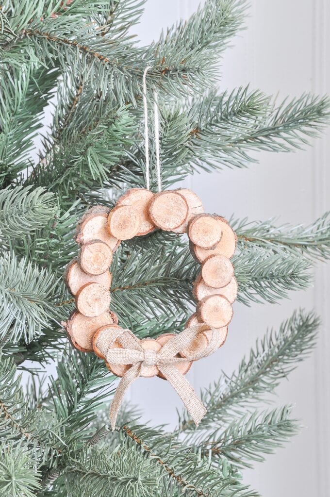 Rustic wood slice wreath ornament