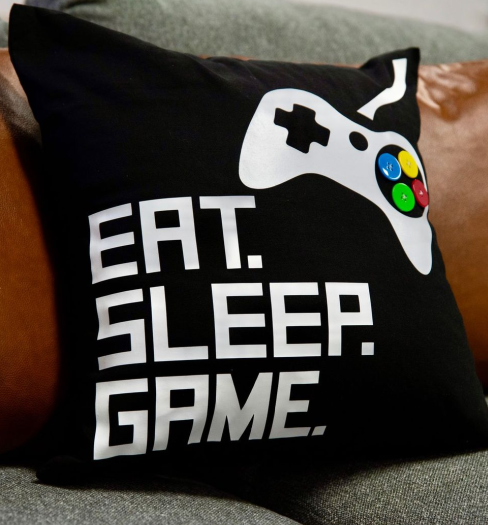 DIY gamer pillow with a text saying EAT. SLEEP. GAME. 